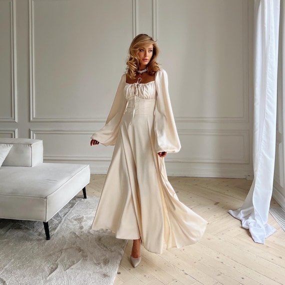 sachin and babi light blue dress Champagne Satin Maxi Dress With Corset Bodice and Side Slit, Long Sleeve  Gown for Elopement, Bridal Shower or Elegant Ceremony
