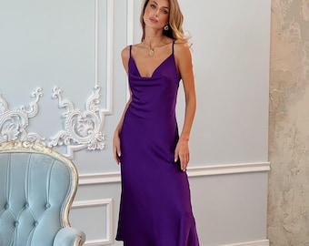 Purple silk midi slip dress cowl neck for summer looks