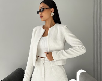 White Classy Mini Shorts and Jacket Set for Women, Old Money Shorts and Blazer Suit for Women, Spring outfit for Women