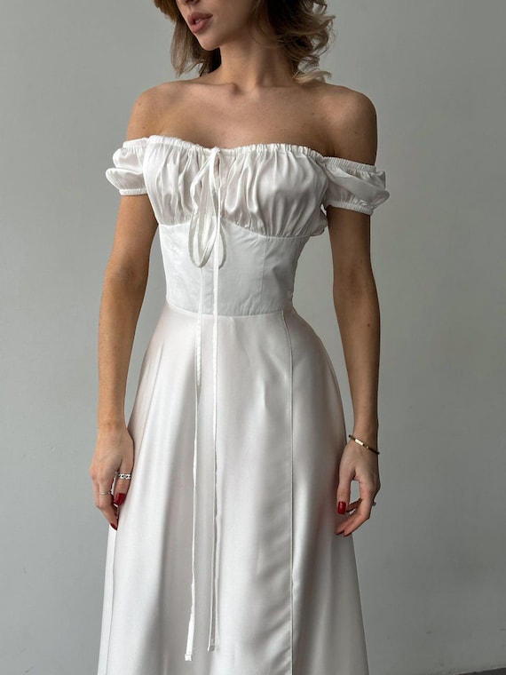 White Silk Maxi Dress With Leg Slit, White Elegant Silk