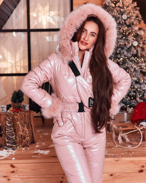 Pink Ski Jumpsuit  Pink Puffer Ski Fur Hood Jumpsuit