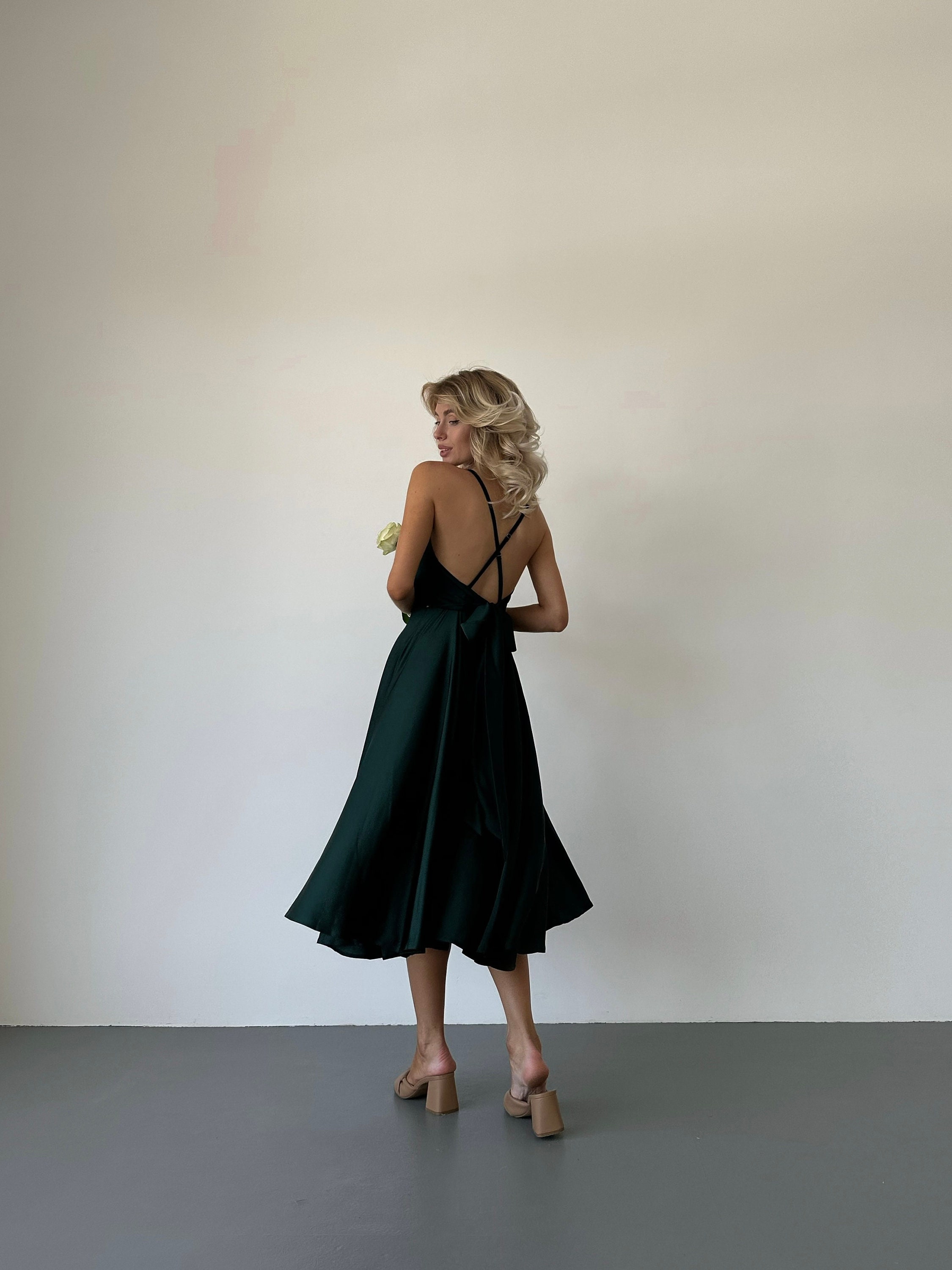 Emerald Silk Midi Dress Without Sleeves, Silk Open Back Midi