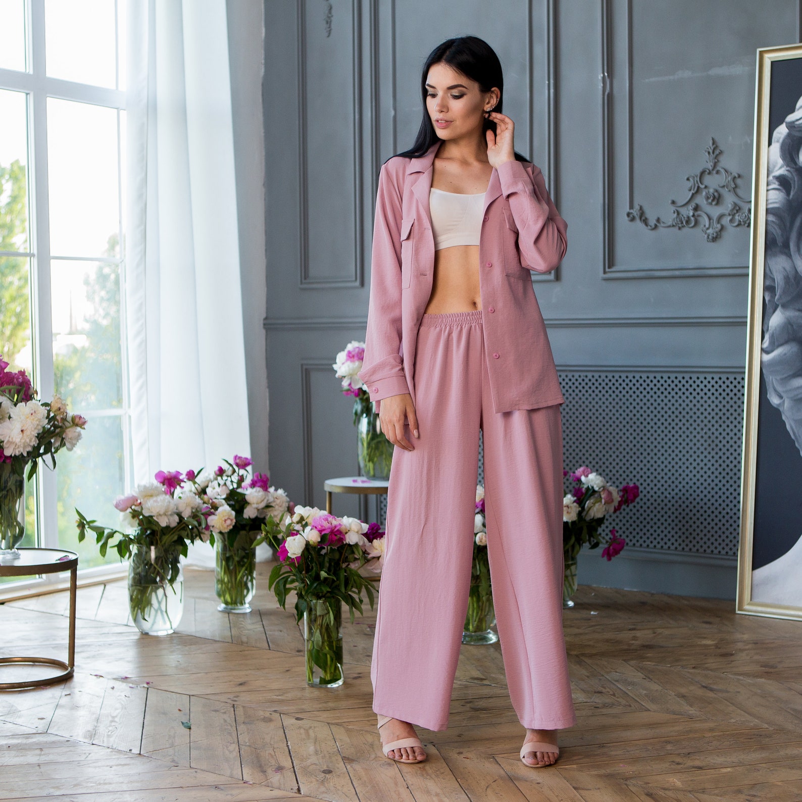 Dusty Pink Summer Pantsuit for Women Wide Leg Pants Suit Set Etsy