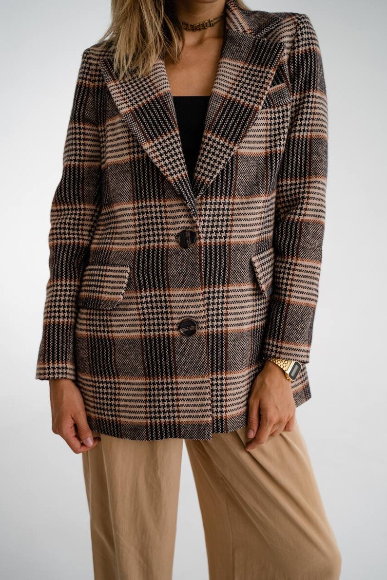 Brown Wool Blazer Houndstooth for Women Oversized Wool Blazer Etsy