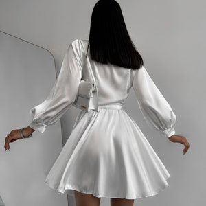 White Silk Wrap Dress Silk Mini Dress Wrap Style, White Elopement Mini Silk Dress with Bracelet Sleeves, Civil Wedding Mini Dress image 10