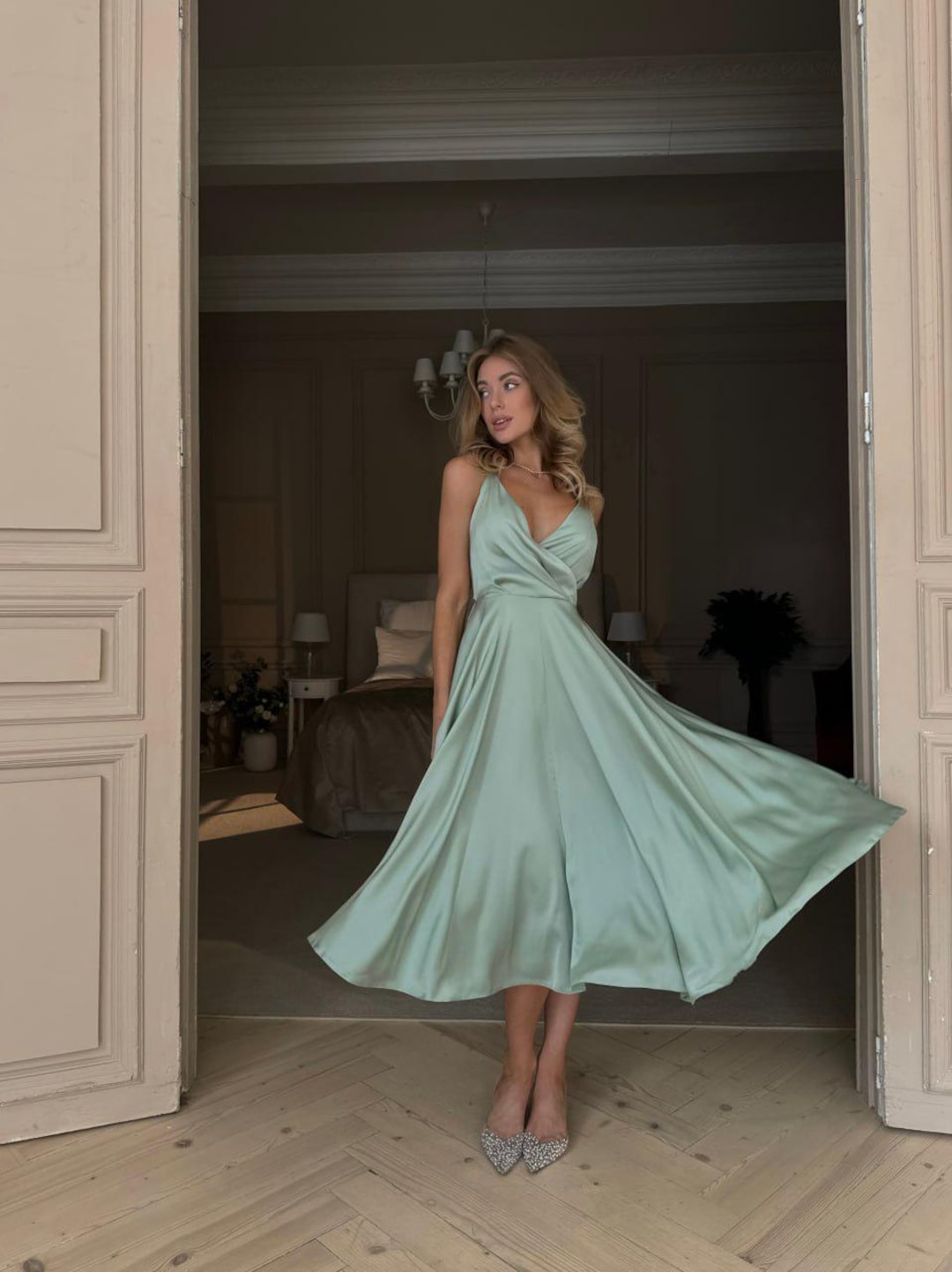 Pistachio Green Silk Midi Dress Without Sleeves, Silk Open Back