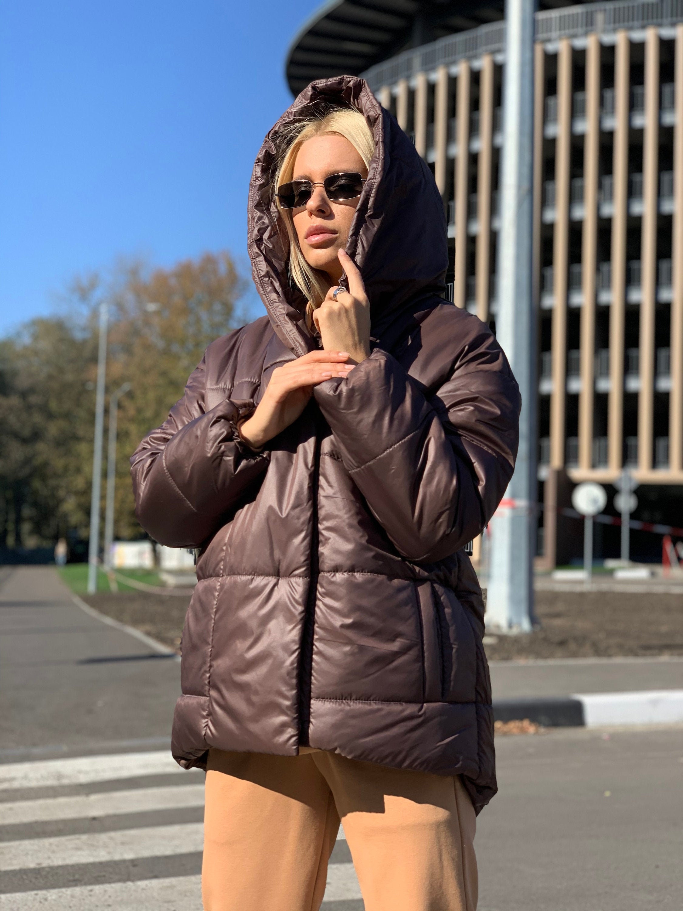 Puffer Jacket Brown Warm Coat Puffer 