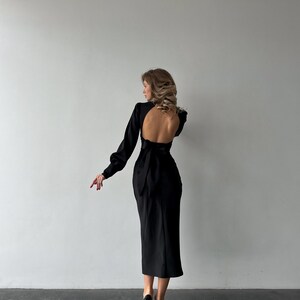 Black Silk Satin Open Back Dress with Long Bishop Sleeves, Turtleneck and back bow tie image 10