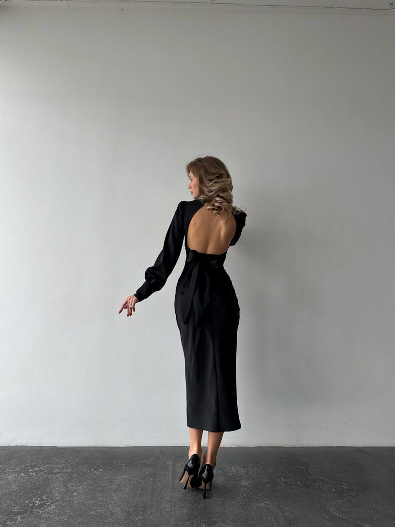 Black Silk Satin Open Back Dress with Long Bishop Sleeves, Turtleneck and back bow tie image 10