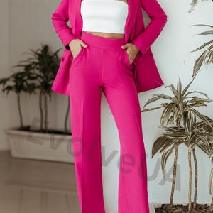 Hot Pink Blazer Trouser Suit Set for Women, Pink Pantsuit with Oversized Blazer and Wide Leg Pants, Women&#39;s Business Suit Pink