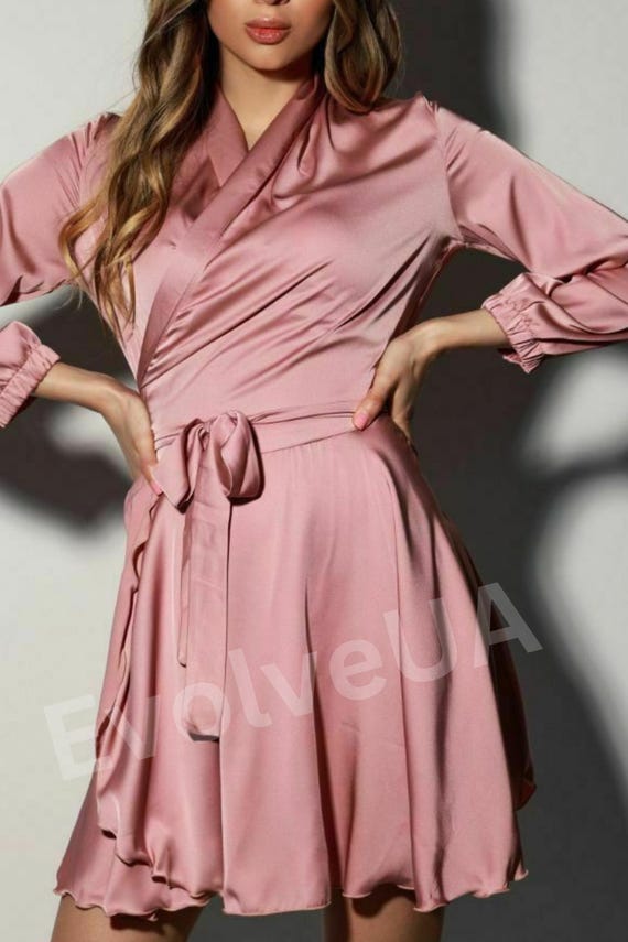 Silk Wrap Mini Dress Silk Mini Dress With Bracelet Sleeves Pink Silk Dress for Special Occasions Romantic Dates Wedding Guest Dress Etsy Canada