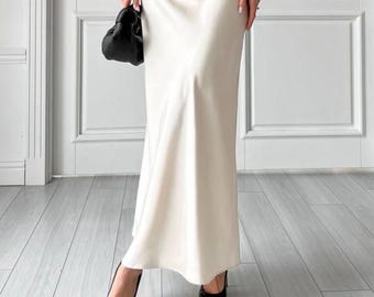 Ivory Satin Maxi Skirt for Special Occasions, Hamptons looks, Modest Maxi bottoms