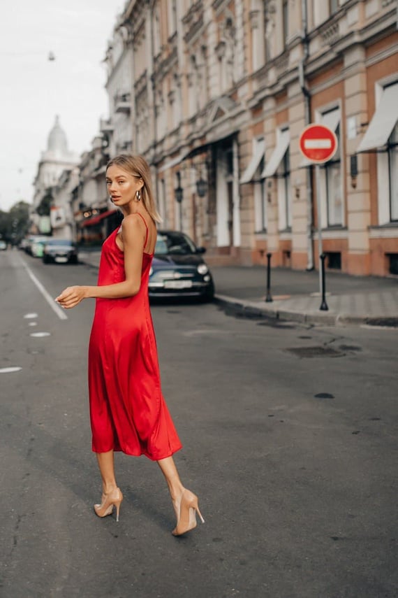 red slip dress