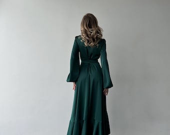 green silk wrap dress long sleeve Forest Green Silk Satin Wrap Dress with Ruffle Hem, Long Sleeve Midi for Women