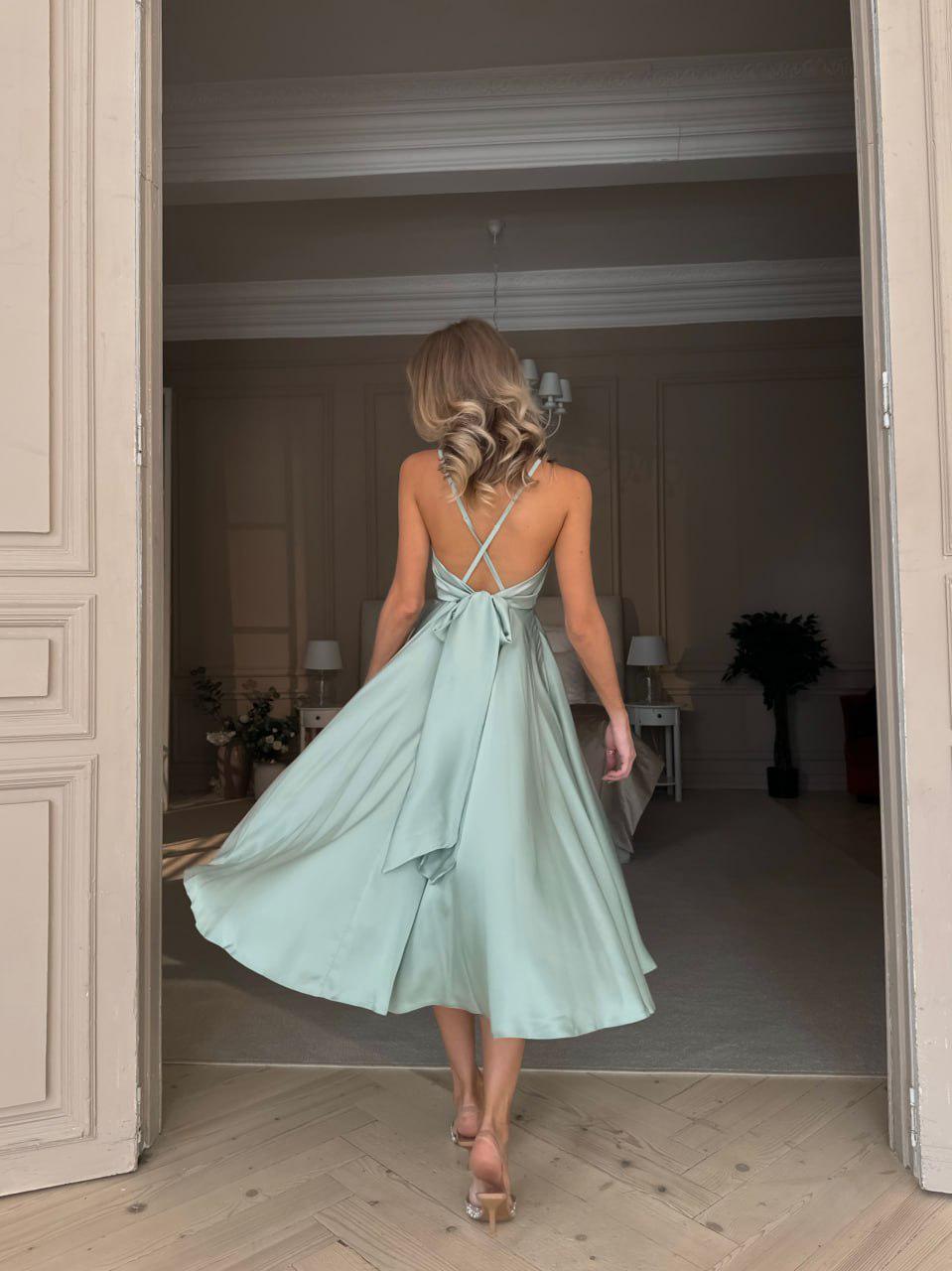 Pistachio Green Silk Midi Dress Without Sleeves, Silk Open