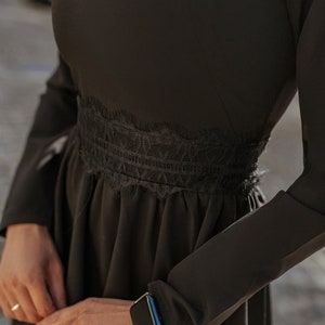 Black Midi Modest Dress for Women, Black fit and flare midi dress with circle skirt, Long Sleeve modest midi dress image 3