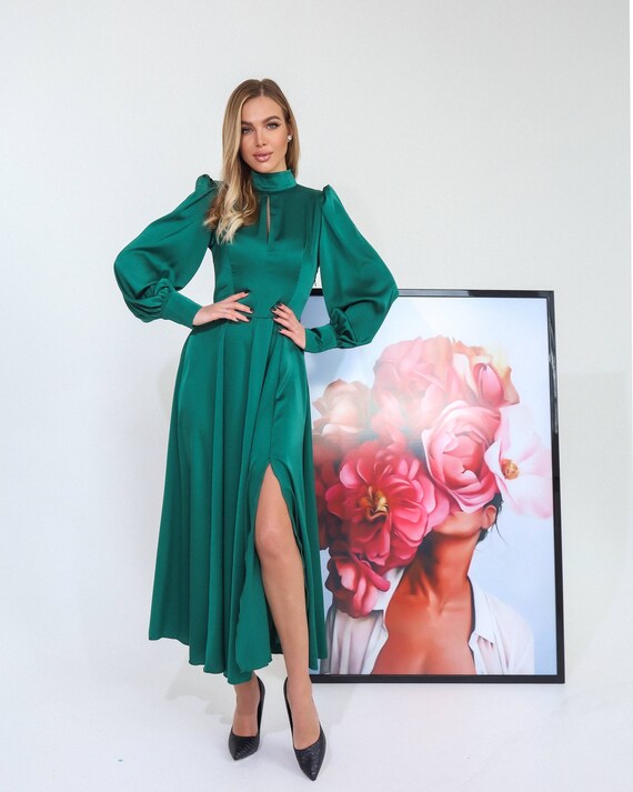Emerald Green Silk Midi Dress Silk 
