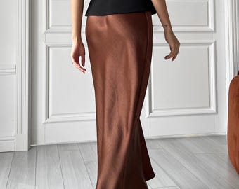 Copper Satin Maxi Skirt for Women, Brown Maxi Skirt Classy