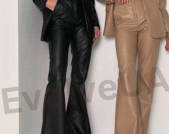 レディース用ブラックレザーパンツ、レディース用ブラックPUレザー