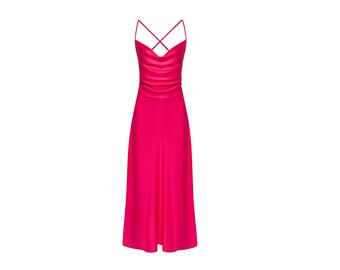 Hot pink Silk Slip Dress with Cowl Neck and Open Back