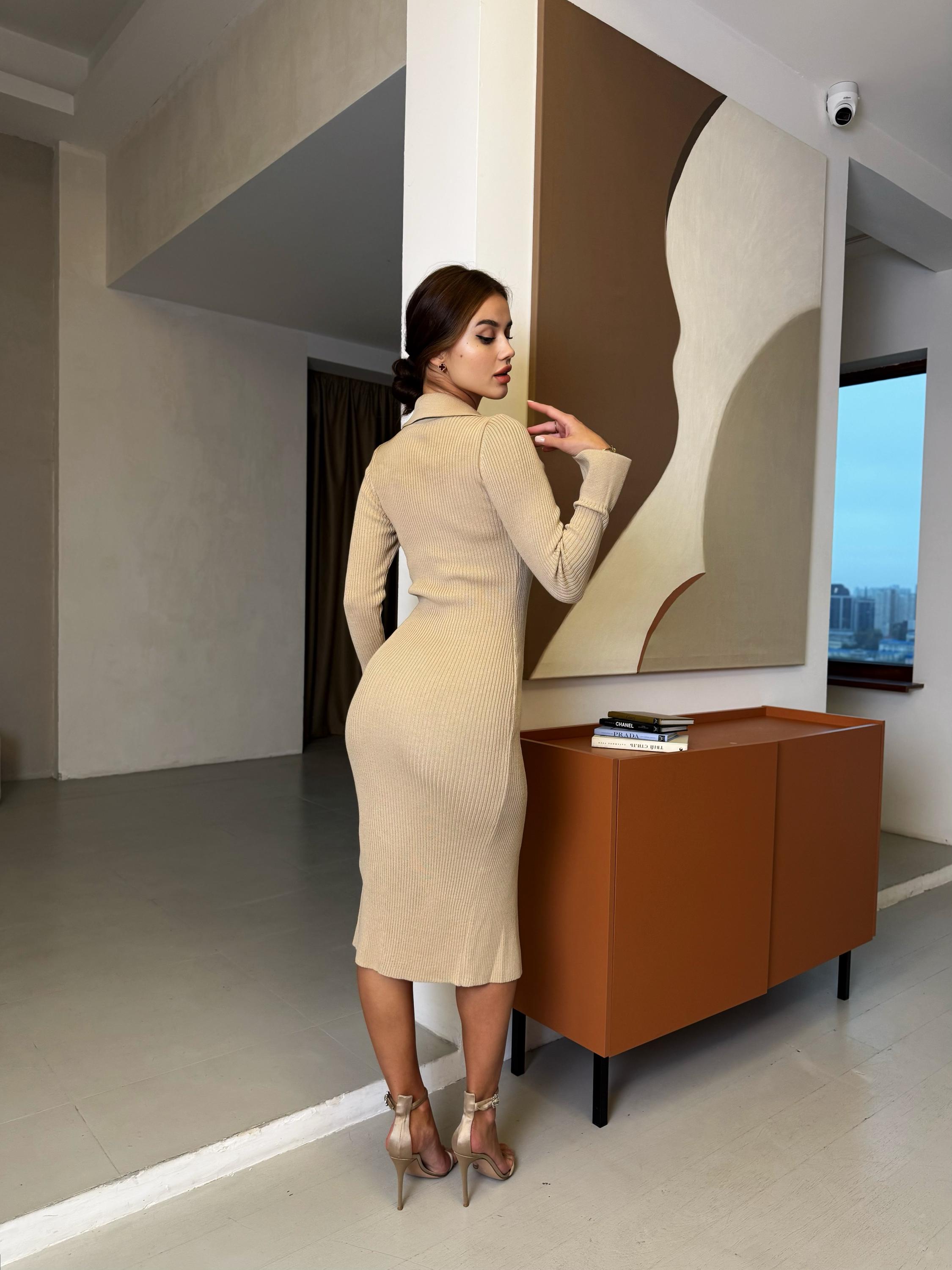 Beige Knit Midi Dress, Cotton Blend Buttoned-Up Dress