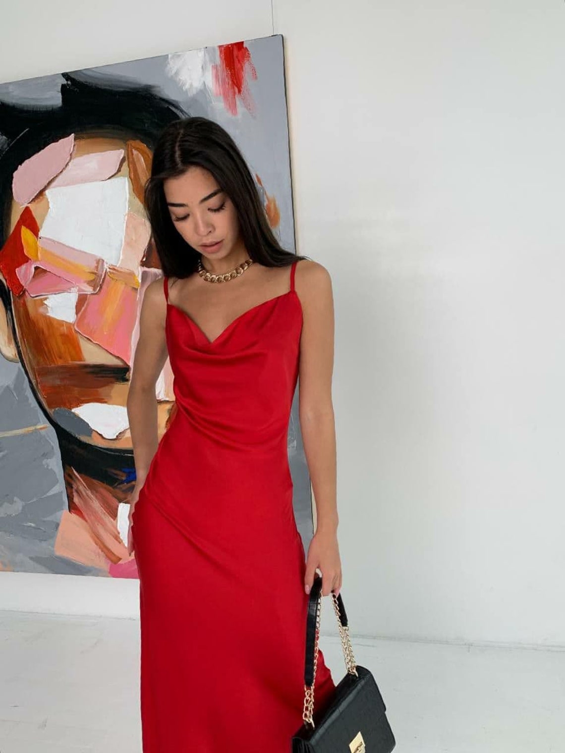 Silk Slip Dress With Cowl Neck Red Midi Silk Satin Dress Etsy