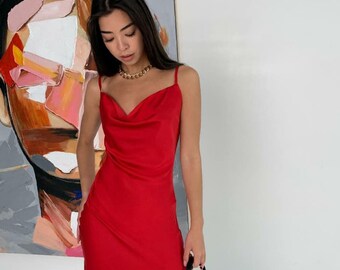 red satin slip dress long
