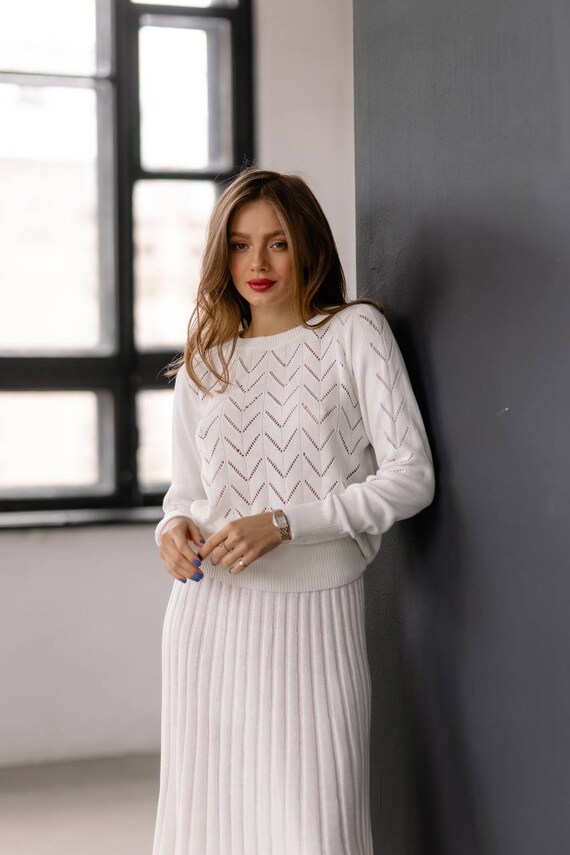 White Knit Skirt Suit Set With Pleated Skirt and Hollow Out Etsy UK