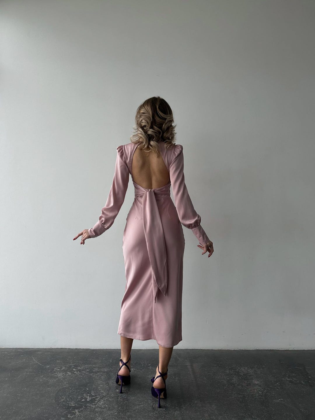 mairee dusty pink satin pleated midi dress Dusty Pink Satin Midi Dress, Open Back Evening Gown