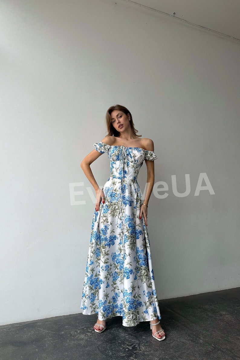 Floral Silk Maxi Dress with side slit and bustier Top, Floral Silk Maxi Dress for Summer, Vacation Dress for Honeymoon image 1