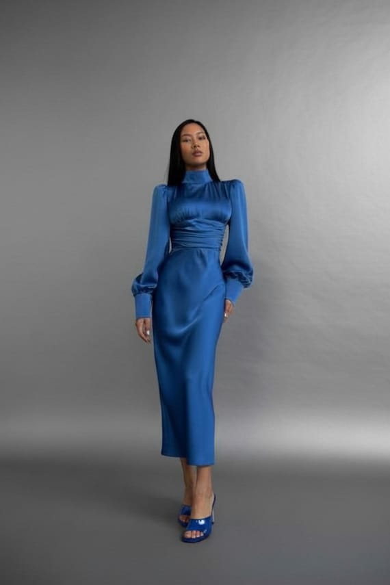 royal blue silk midi dress Royal Blue Maxi Silk Satin Dress, Blue Extra Full Length Slip Dress,Adjustable Spaghetti Straps, Silky Deep V Neck Bias Cut Dress