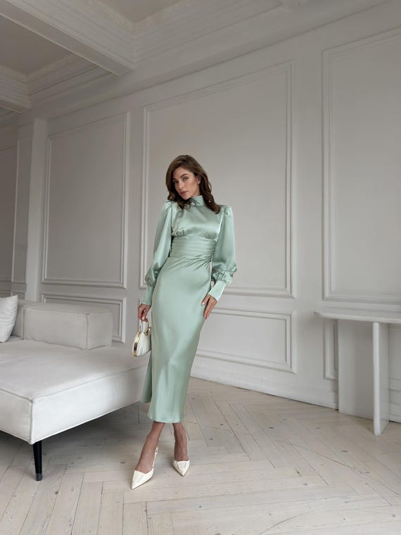 pistachio green satin dress Long Sleeve Pistachio Midi Dress Long Sleeves Open Back Bow link-moonlight-sequin-draped-long-sleeve-gown