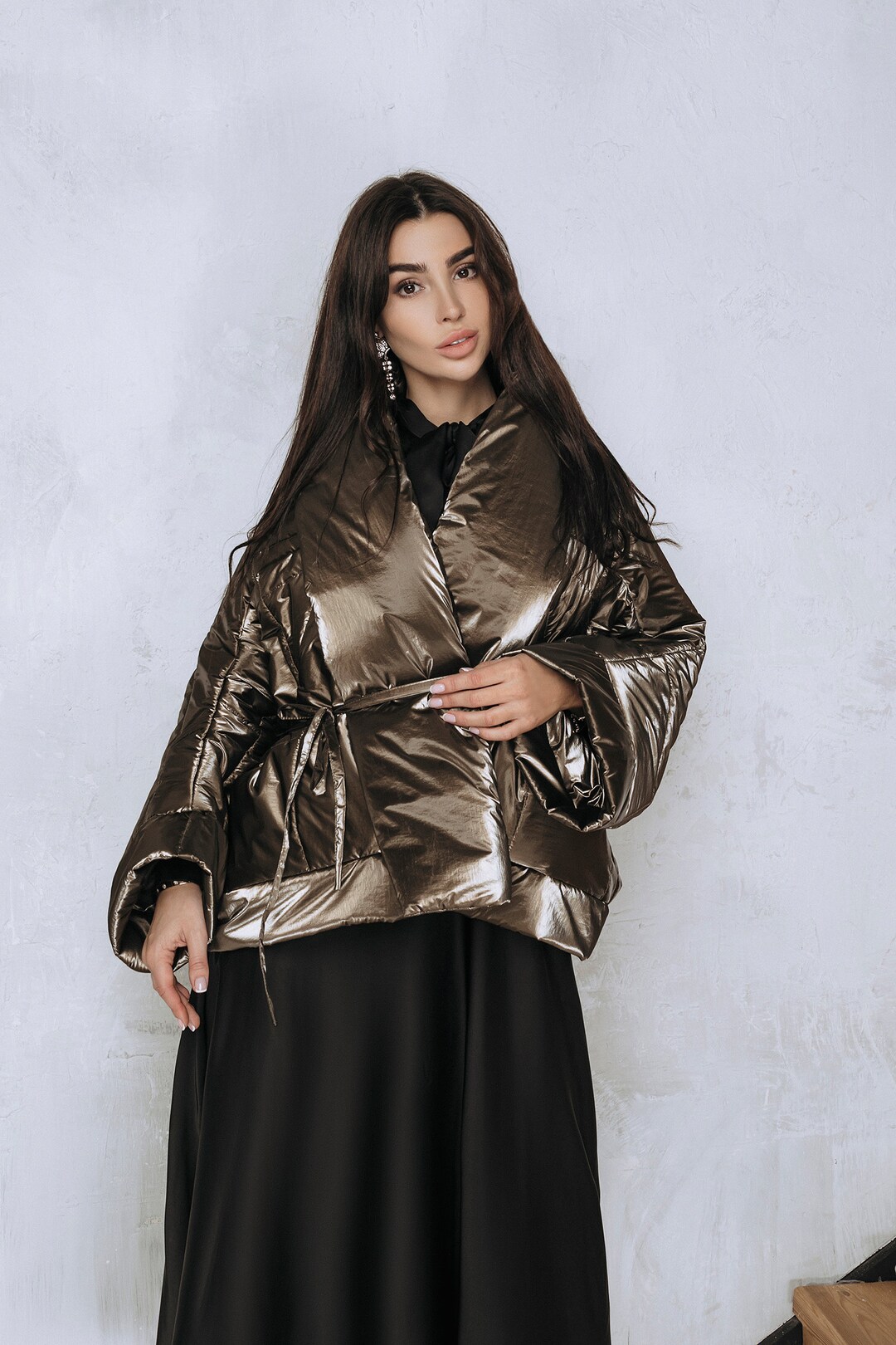 Khaki Green Puffer Coat for Women, Khaki Wrap Puffer Jacket Womens