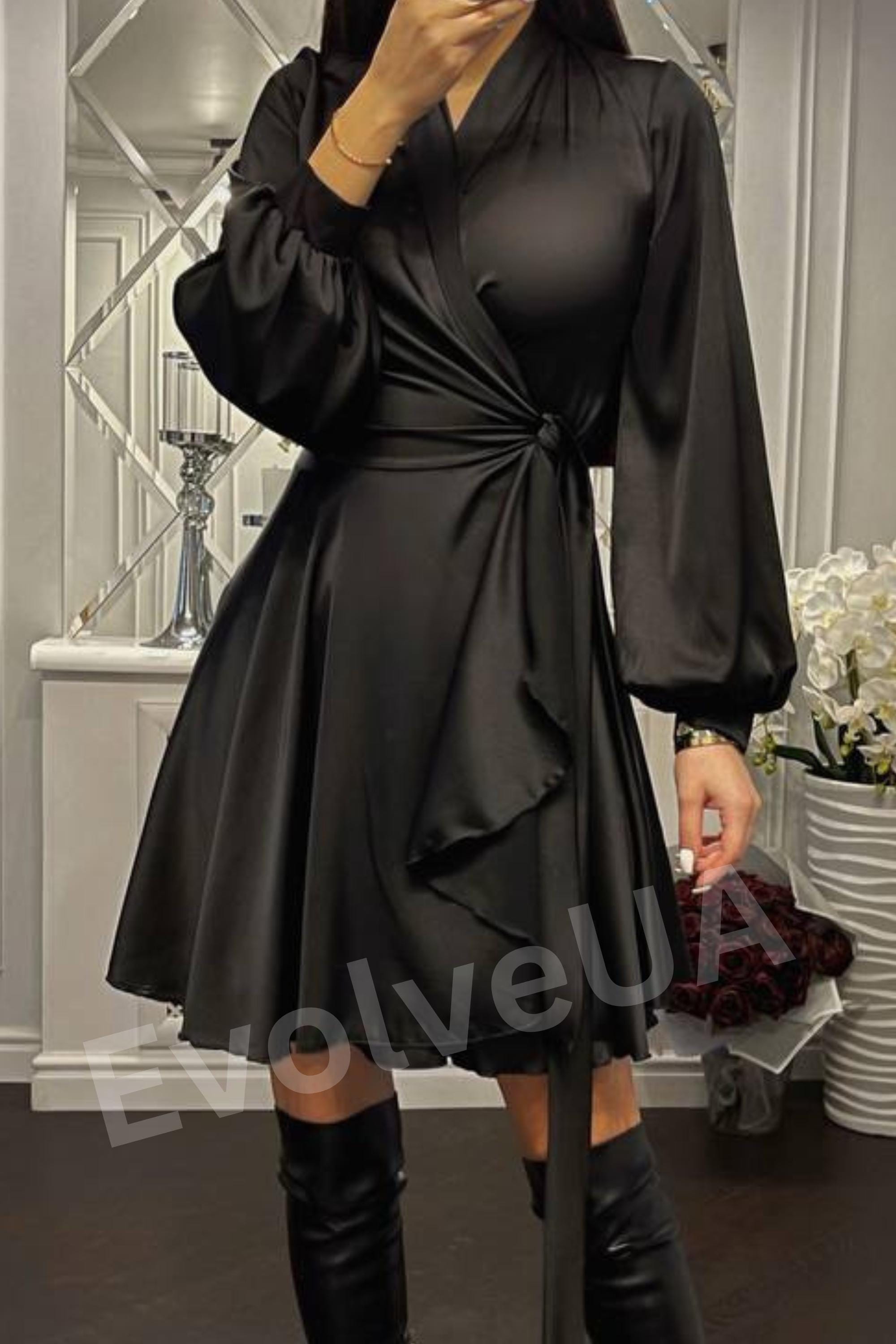 Black Silk Wrap Mini Dress, Bishop Sleeves