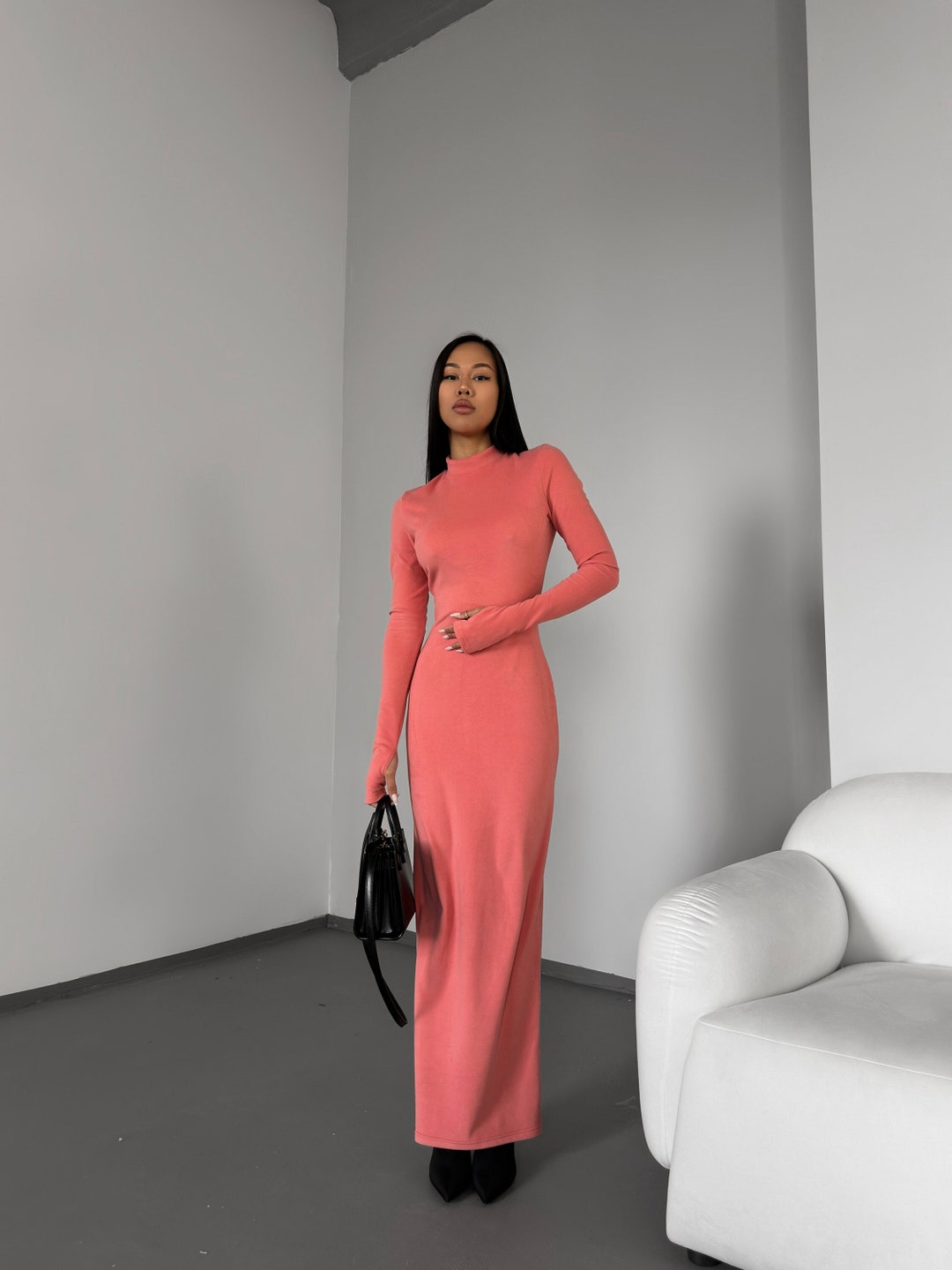 Dusty Pink Winter Maxi Dress With Long Sleeves, Classy Pink Bodycon ...