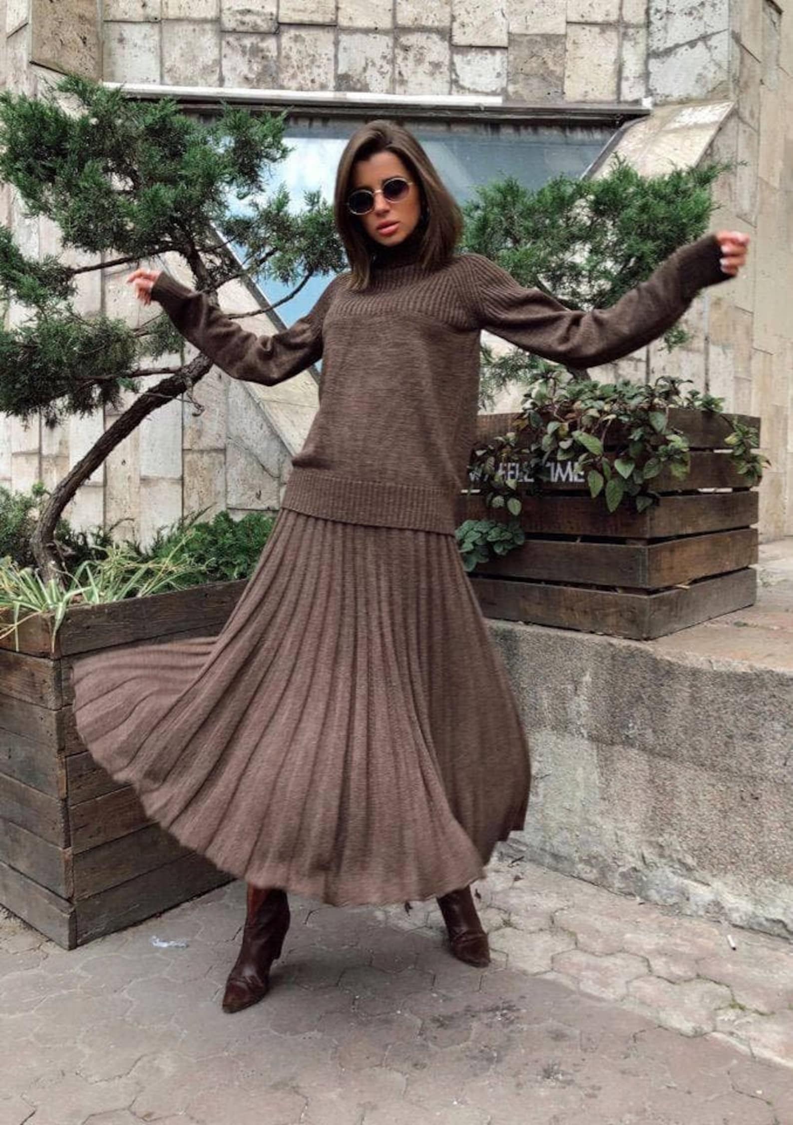 Knit Skirt Suit Set with Pleated Skirt and Oversize Sweater Etsy