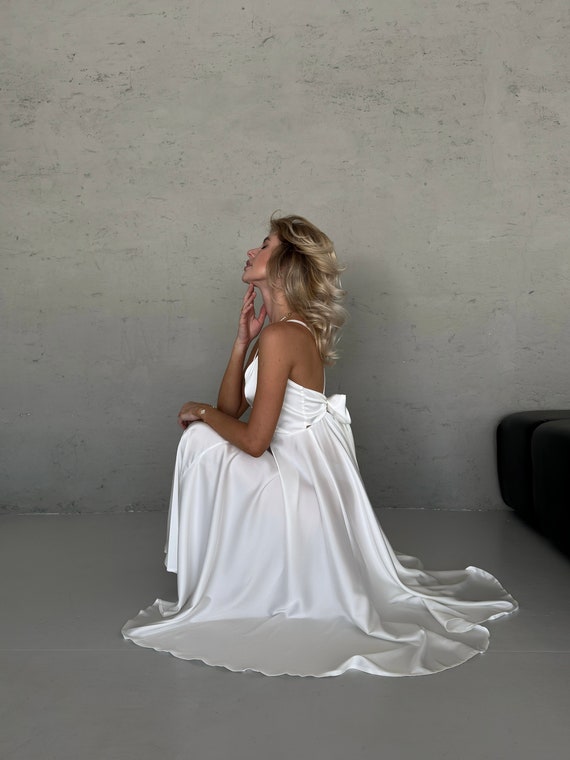 White Silk Midi Dress With Open Back, White Silk Bridesmaid Midi