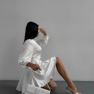 White Silk Wrap Dress Silk Mini Dress Wrap Style, White Elopement Mini Silk Dress with Bracelet Sleeves, Civil Wedding Mini Dress image 6