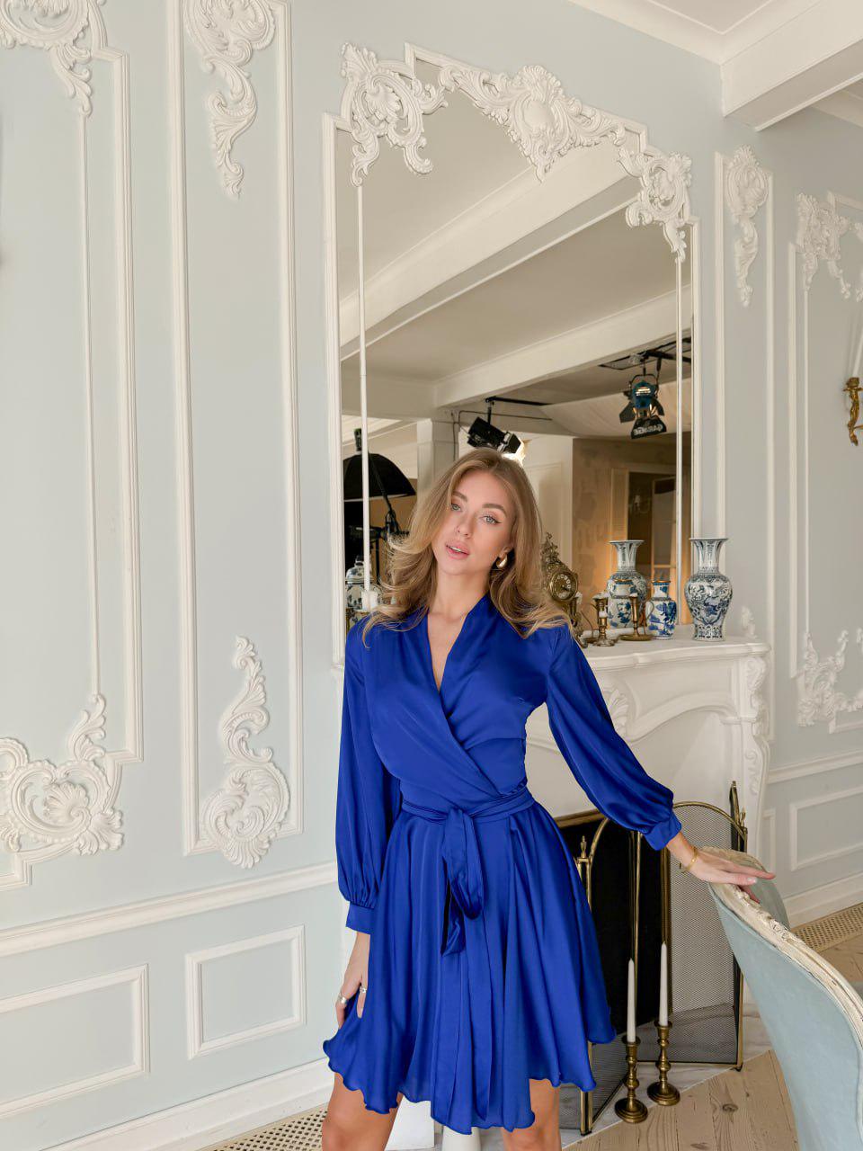 electric blue wrap dress Royal Blue Silk Blend Mini Wrap Dress Bracelet Sleeves