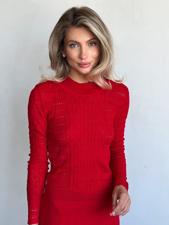 Red Knit Midi Dress With Semi Sheer Long Sleeves Spring - Etsy UK