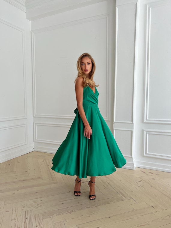 green silk tie dress Hunter Green Multi Tie Maxi Dress With Slit