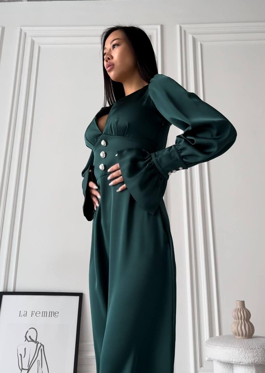 emerald green puff sleeve dress Green Puff Sleeve Mock Neck Back Knot Tiered Dress Green / M / 100%Polyester main image 0