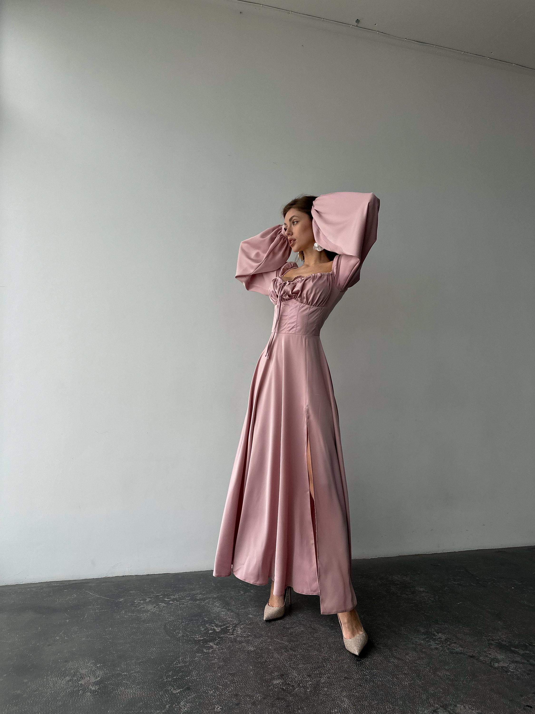 Dusty Pink Silk Maxi Dress with Side Slit and Bishop Sleeves, Light Pink Elegant Silk Dress with Long Sleeves, Silk Modest Maxi Dress Womens