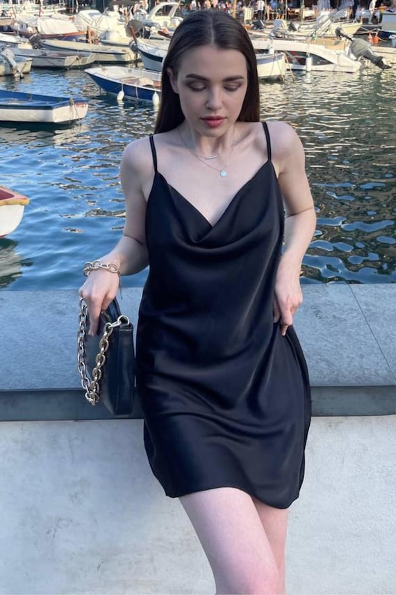 mini cowl neck slip dress Cowl High Neck Lace Trim Asymmetric Hem Detail Mini Dress In Black Satin | EGO US