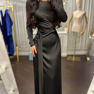 Black Floor long Silk Dress, Black Silk Maxi Dress, Elegant Silk Dress Long Sleeve, Silk Modest Dress Maxi length image 2