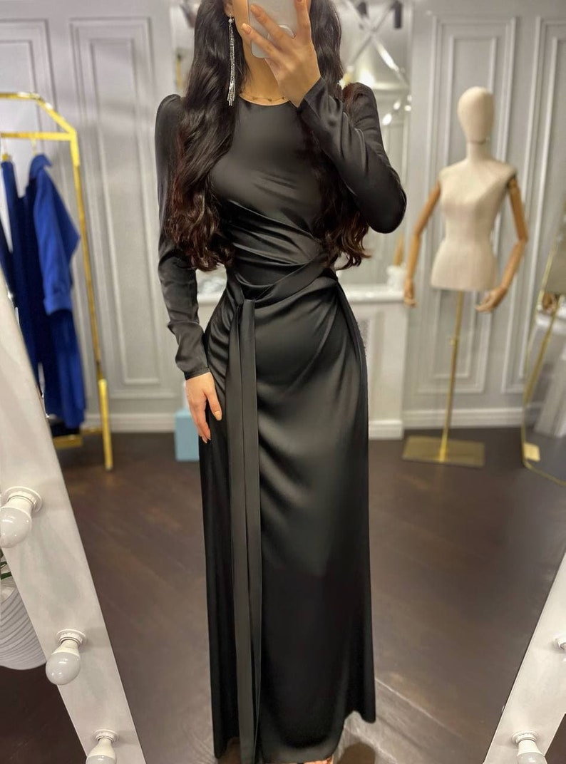 Black Floor long Silk Dress, Black Silk Maxi Dress, Elegant Silk Dress Long Sleeve, Silk Modest Dress Maxi length image 2