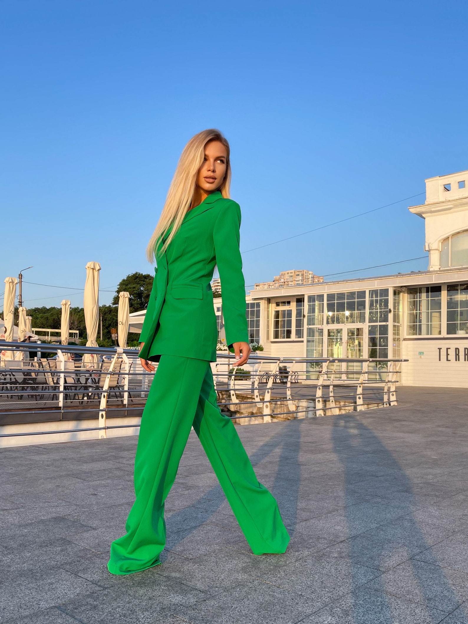 ladies lime green trouser suit