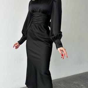 Black Silk Satin Open Back Dress with Long Bishop Sleeves, Turtleneck and back bow tie image 3