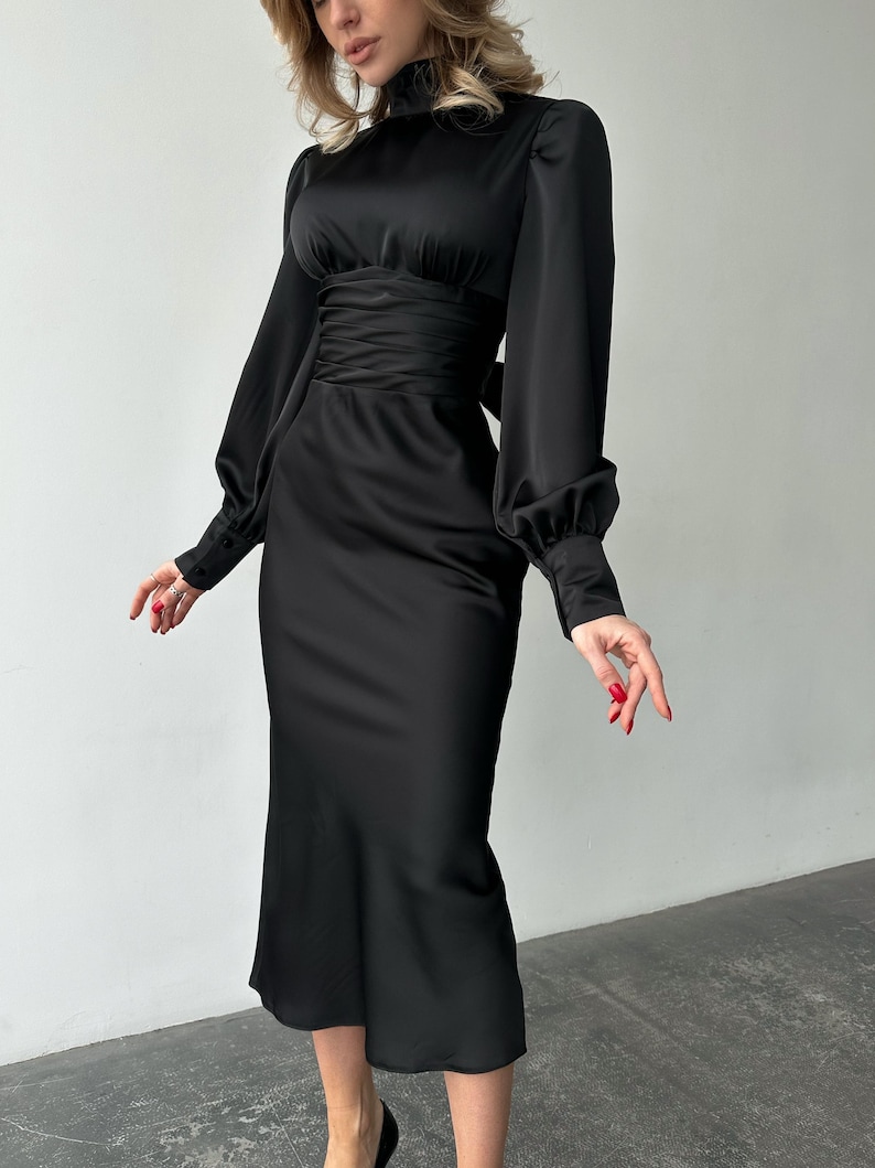 Black Silk Satin Open Back Dress with Long Bishop Sleeves, Turtleneck and back bow tie image 3