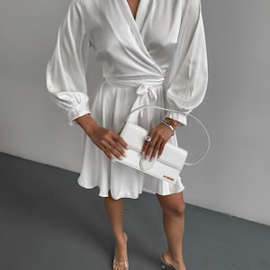 White Silk Wrap Dress Silk Mini Dress Wrap Style, White Elopement Mini Silk Dress with Bracelet Sleeves, Civil Wedding Mini Dress image 4